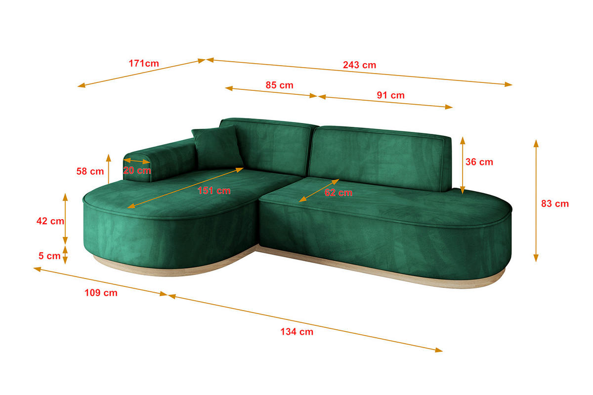 ECKSOFA Ottomane Links MARI-L1-v1 - 243x171x83 cm Grün Velours - Grün, Holzwerkstoff/Textil (243/171cm) - ALTDECOR