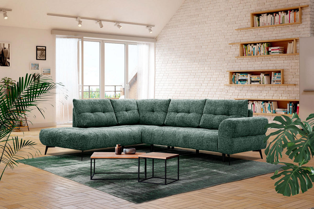 ECKSOFA SALVINI 5-Sitzer, smaragdgrün - Smaragdgrün/Schwarz, Holzwerkstoff/Textil (158/292cm) - Courtois Laville