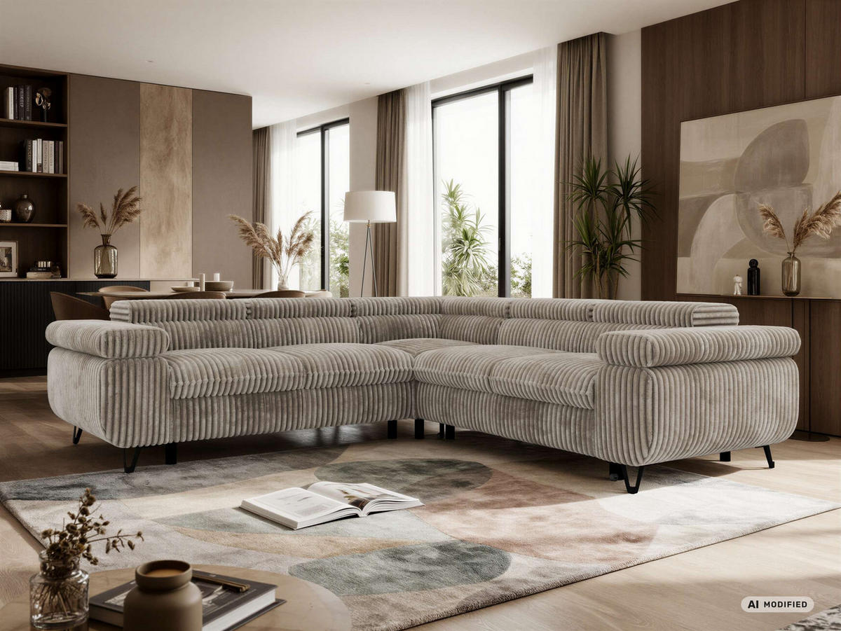 ECKSOFA QUADRO L - Hellbraun Cord - Links Seite - Hellbraun/Schwarz, Textil/Metall (269/269cm) - MKS