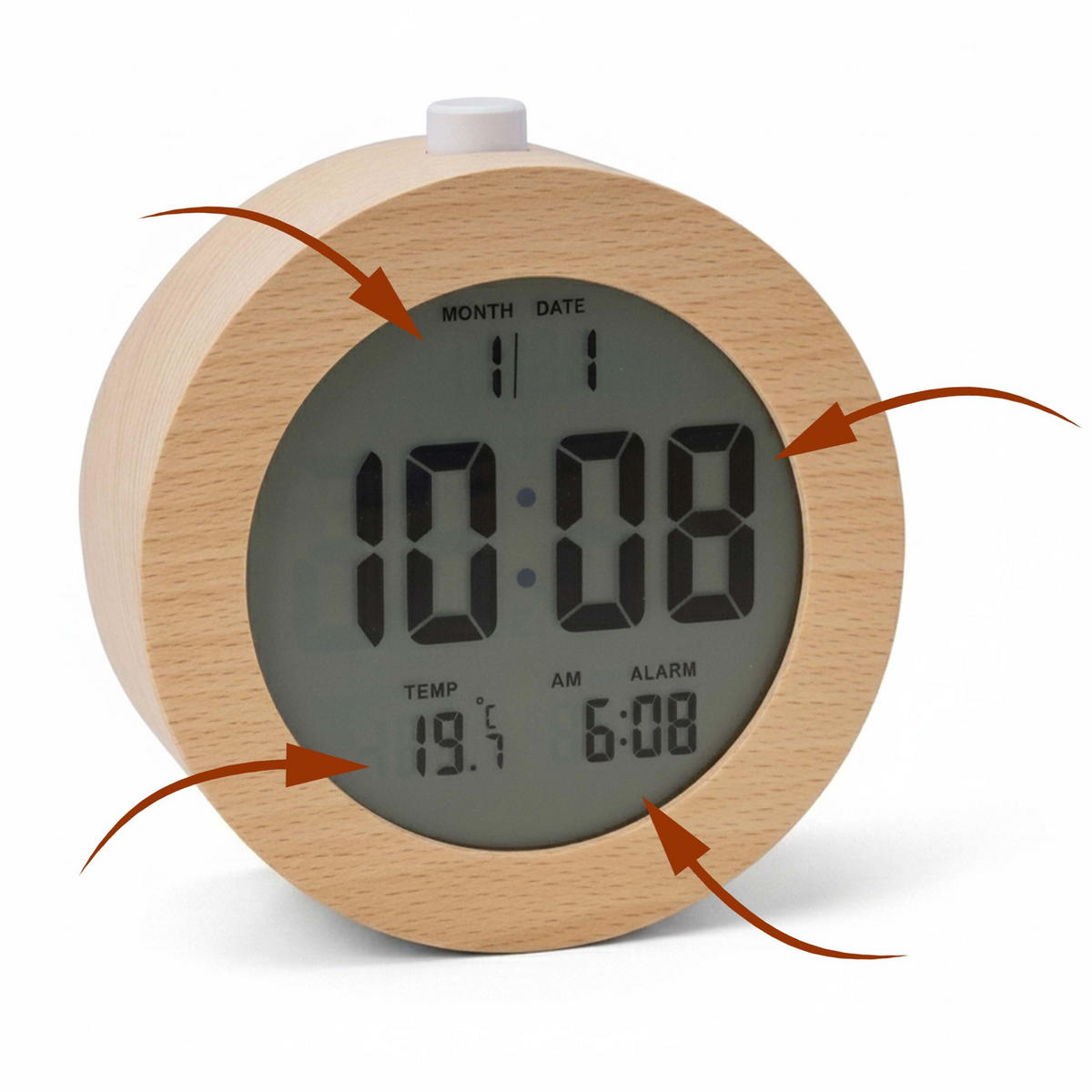 VÄCKARKLOCKA natur bokträ digital - Ljusbrun, Trä/Plast (9.5/9.5/5cm) - Relaxdays