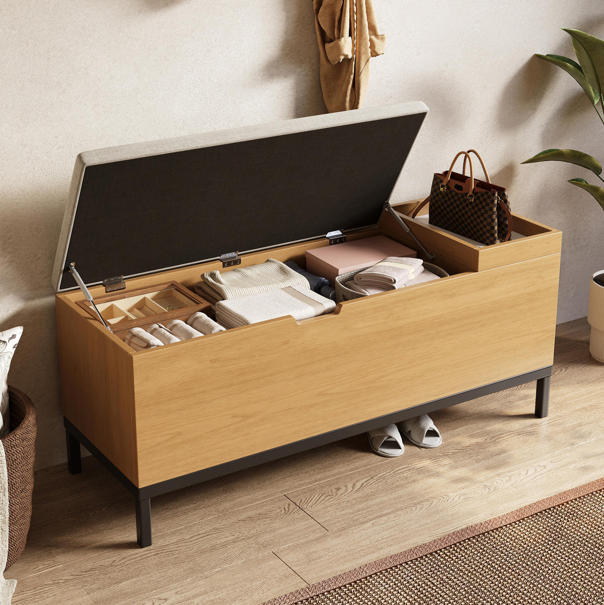 SCHUHBANK 115/40/49,5 cm mit Stauraum und Klappfunktion aus MDF mit hellgrauem Stoffbezug, Natural - Naturfarben, Holzwerkstoff (115/40/49.5cm) - Redom