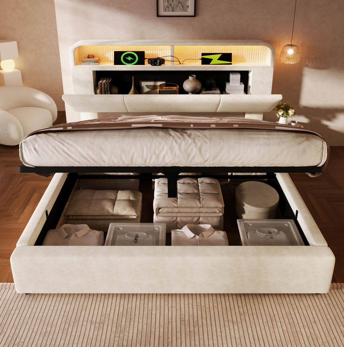 BETT mit Stauraum 140x200 cm Samt Beige inkl. Matratze - Beige, Metall (140/200cm) - Meubliv