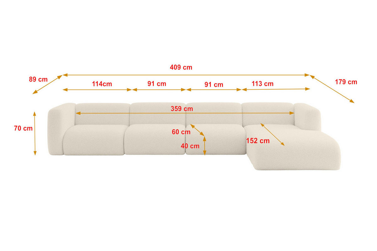 ECKSOFA Ottomane Rechts MIRA-L3 409x179x70 Beige Bouclé - Kaschmir/Beige, Holzwerkstoff/Kunststoff (409/179cm) - ALTDECOR