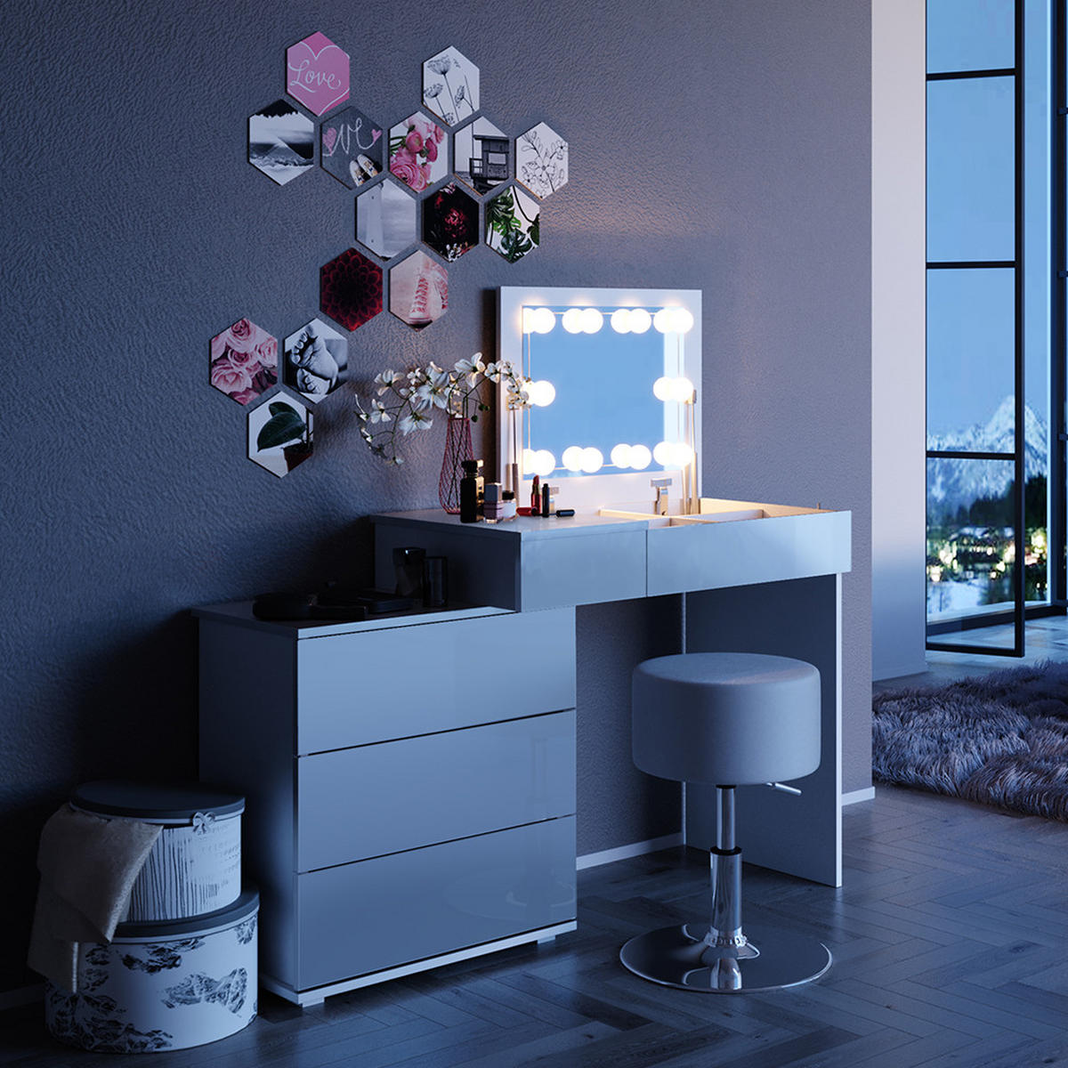 SCHMINKTISCH Lotos Weiß 117.4 cm mit LED Beleuchtung und Hocker - Weiß, Holzwerkstoff (117.4/78/45cm) - Vicco