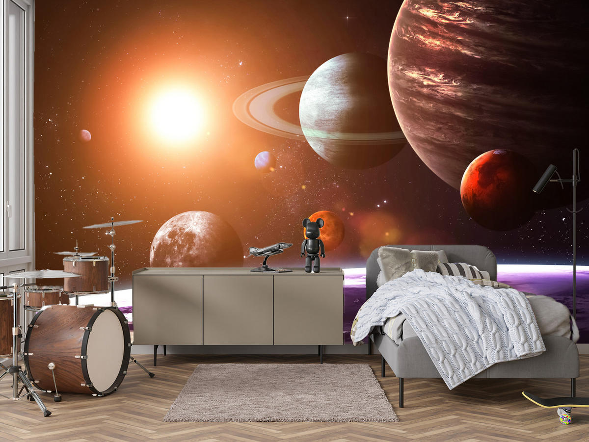 FOTOTAPETE für Büro Sonnensystem Planeten Blick Sterne 350x256 - Gelb/Violett, Papier (350/256cm) - Muralo