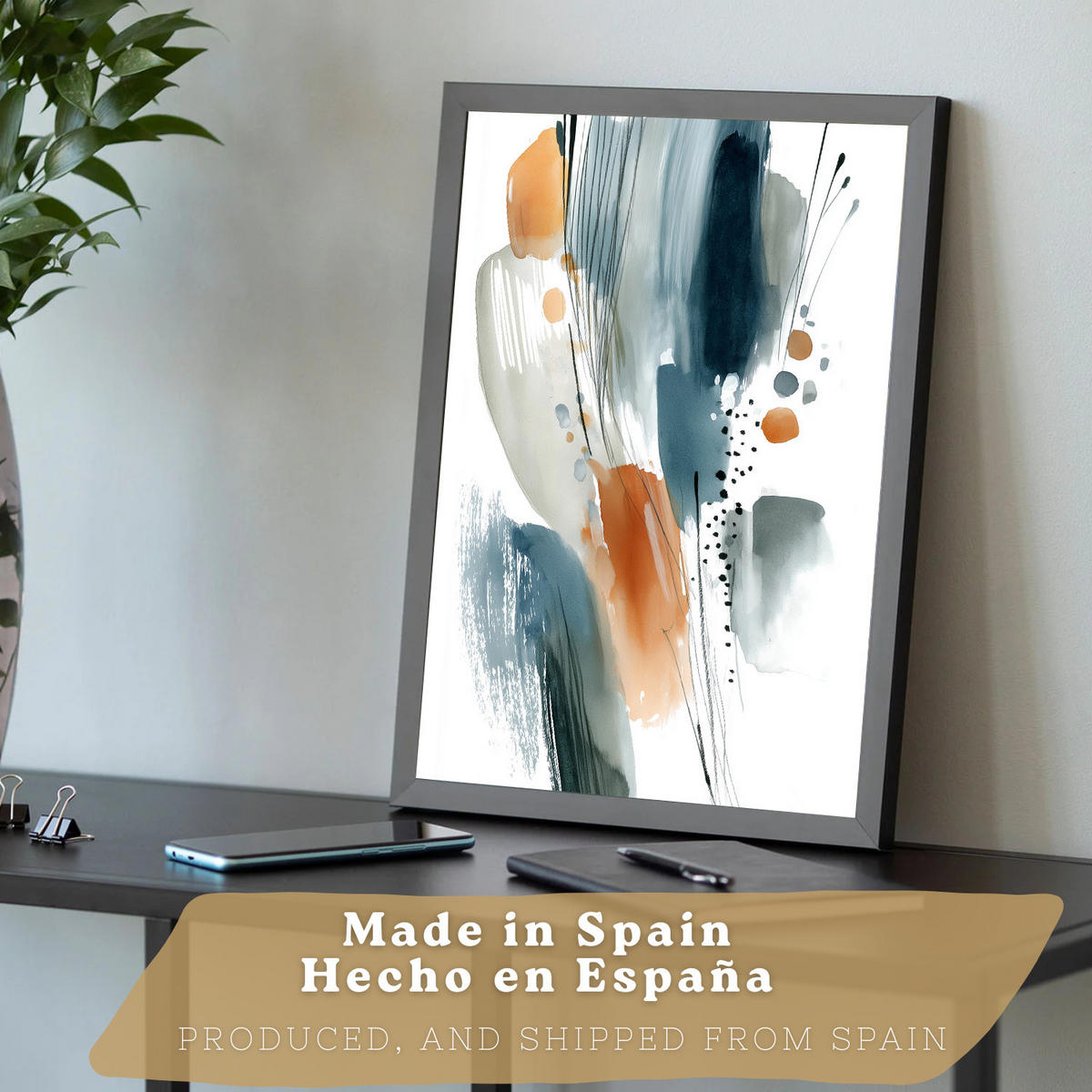 PLAKAT Sada 3 dekorativních nástěnných tisků Abstraktní akvarelové obrazy,oranžová. Moderní malby do obývacího pokoje. Černý rám velikosti A3 - černá, papír (29.7/42/3cm)