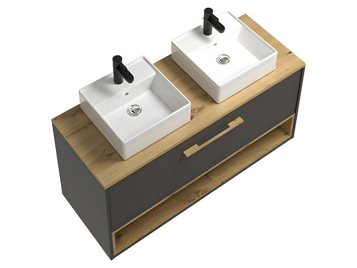 DOPPELWASCHTISCH - 120 cm x 46 cm - Holz, Platte, Keramik - Anthrazitgrau - YANGRA - Anthrazit, Keramik/Holz (120/57/46cm) - Vente-Unique