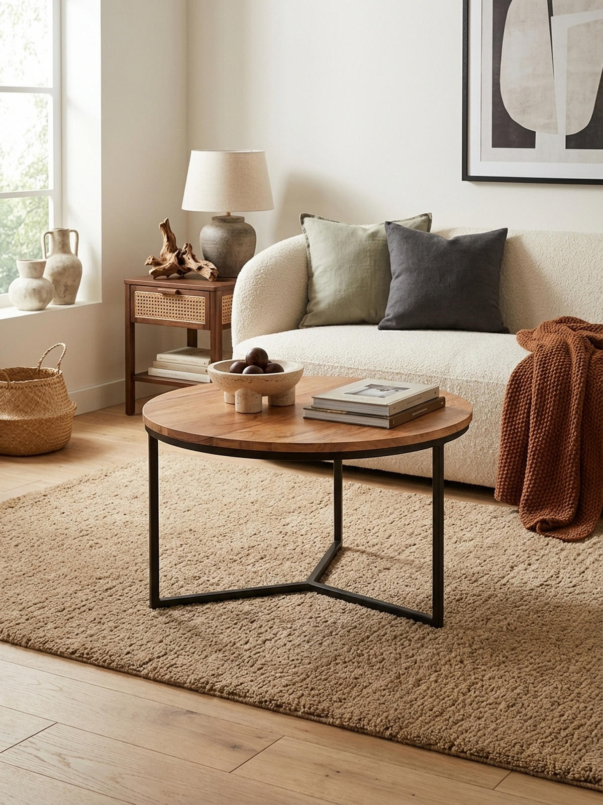 COUCHTISCH aus Akazienholz mit robustem Eisengestell und integriertem Stauraum - Beige/Schwarz, Holz/Metall (60/60/38cm) - KADIMA DESIGN