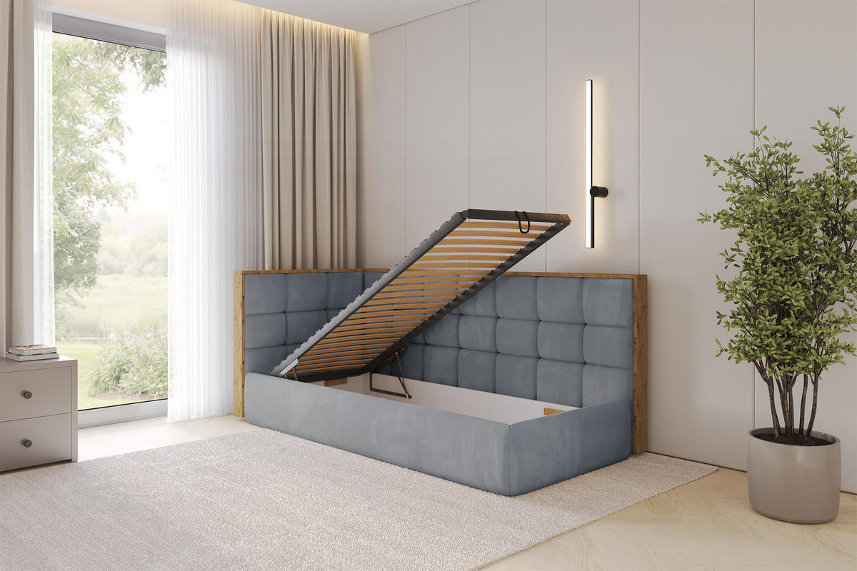 EINZELLBETT Jugendbett mit Bettkasten, Rechts - SOVY 100x200 Grau - Blaugrau, Holzwerkstoff/Textil (100/200cm) - ALTDECOR