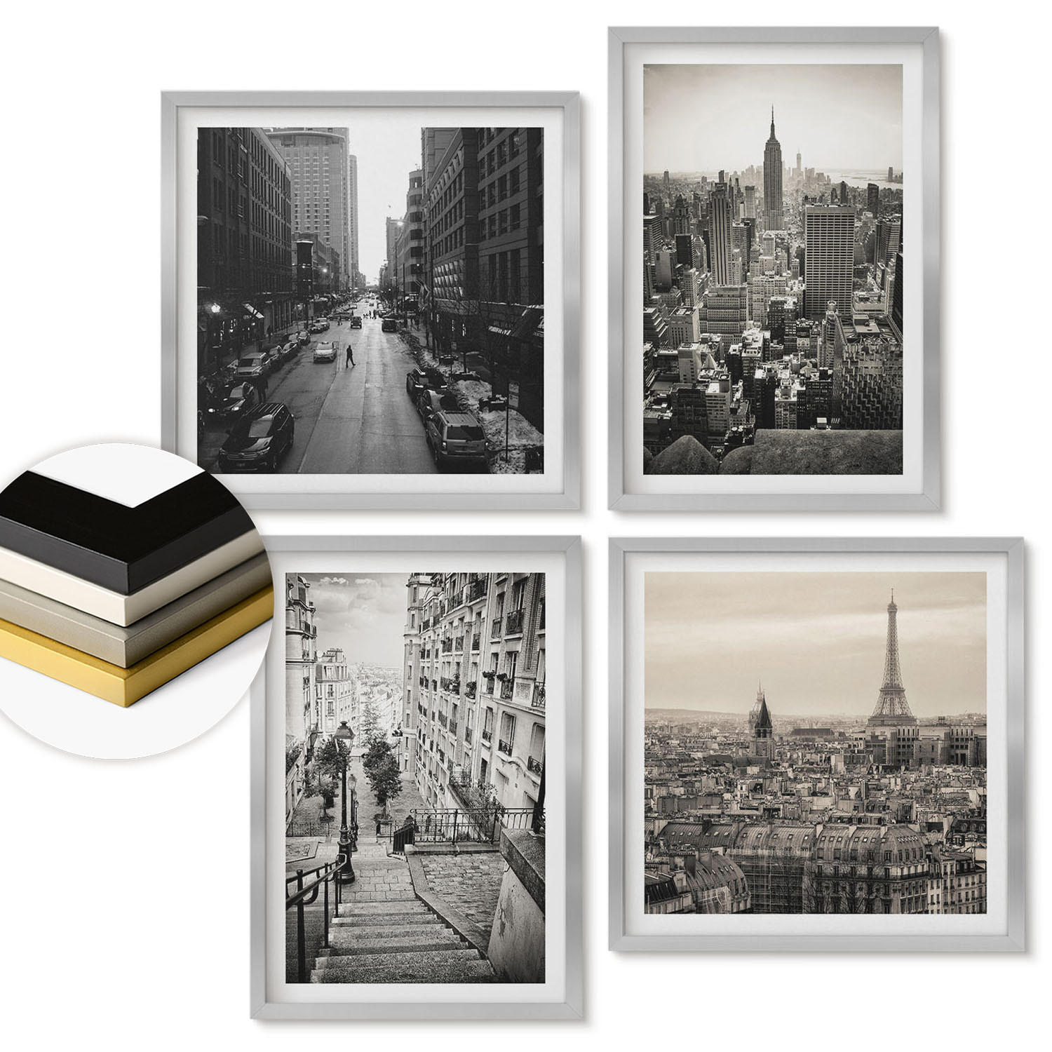 WANDBILDER 4er Set - 50x50 cm & 40x60 cm Silberner Rahmen - Aussicht Paris New York Treppen - Silberfarben, Kunststoff (50/50cm) - ArtPrintCave