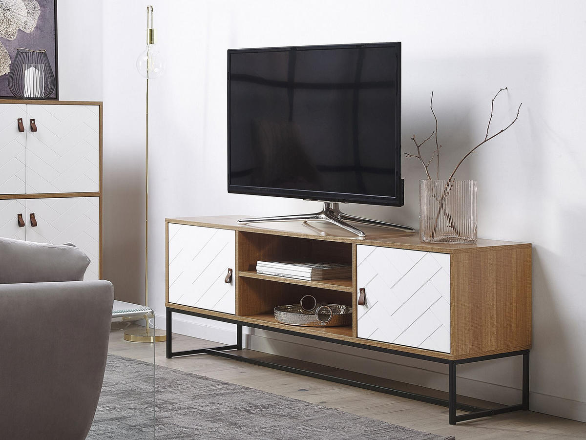 TV-BÄNK ljust trä/vit/svart Nueva - Vit/Ljusbrun, Träbaserade material (150/55/40cm) - Beliani