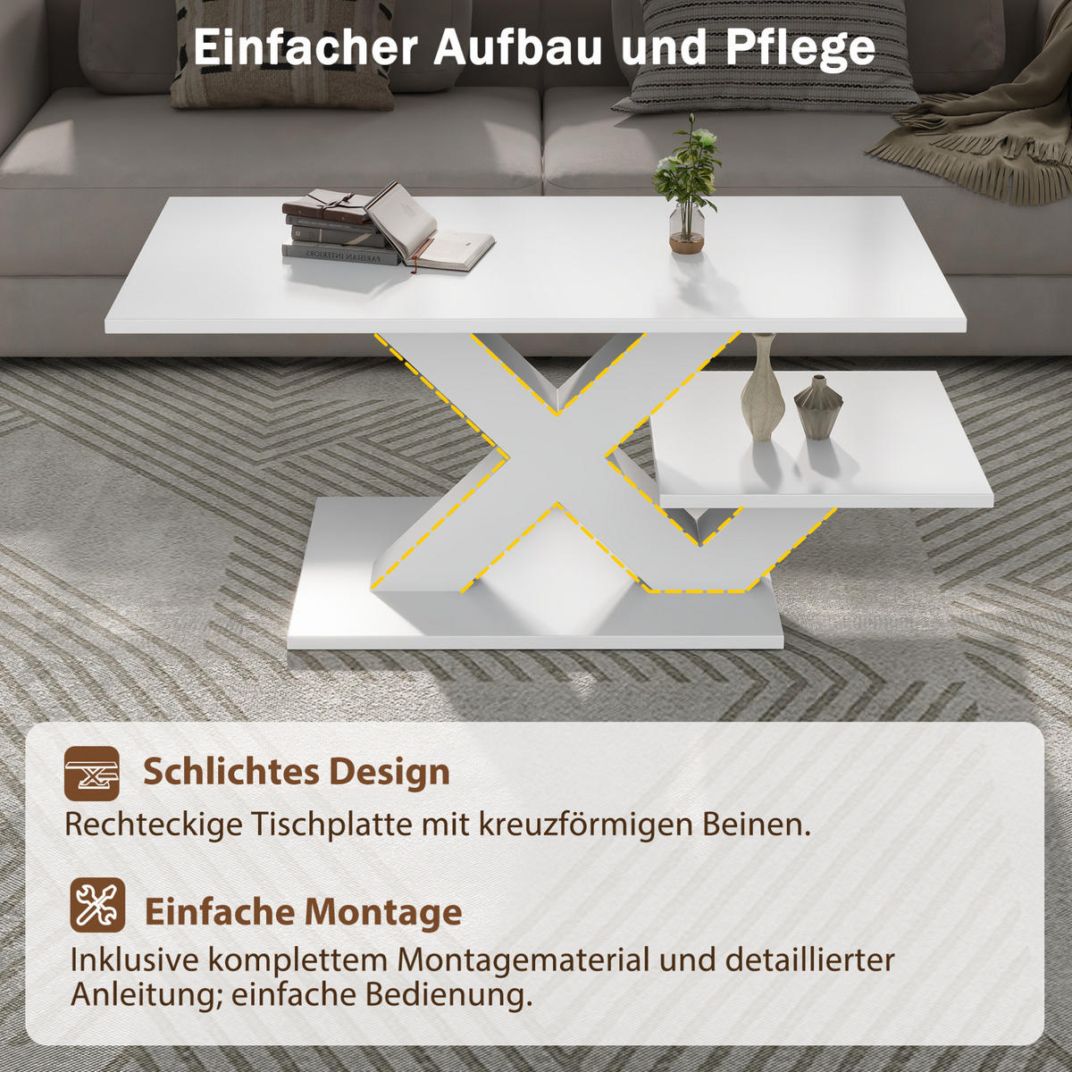COUCHTISCH aus MDF 100x48x45 cm Weiß Hochglanz mit 2 Ablageflächen und X-Gestell - Weiß, Holzwerkstoff (100/48/45cm) - IVMEU