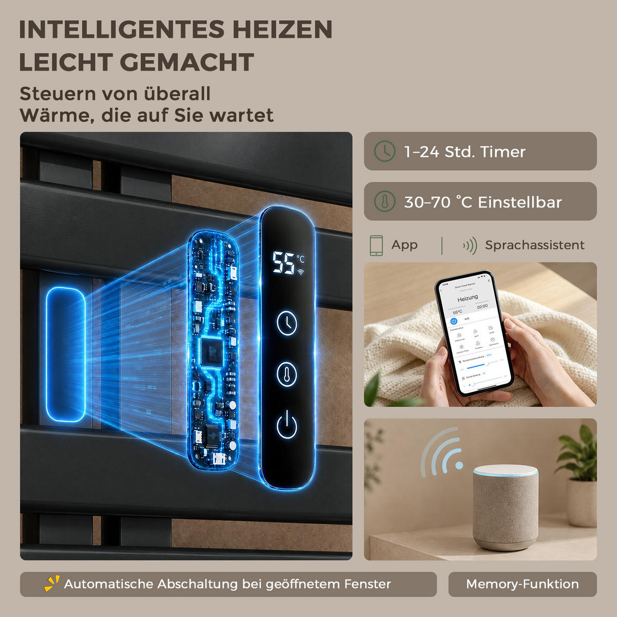 HEIZKÖRPER Elektrisch 100/50 cm Schwarz 335 W mit WLAN, Ablage und Carbon-Heizung - Schwarz, Metall (50/100/18.5cm) - S'AFIELINA