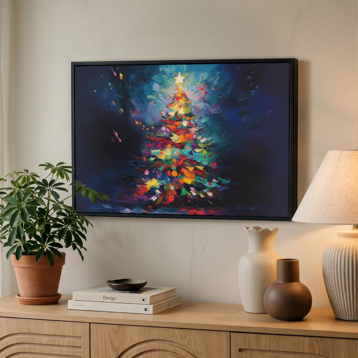 LEINWAND Bilder mit Rahmen - Weihnachtsbaum - Weihnachten - Abstrakt - Farbenfroh - 60x40 - Multicolor, Textil (60/40cm) - MuchoWow