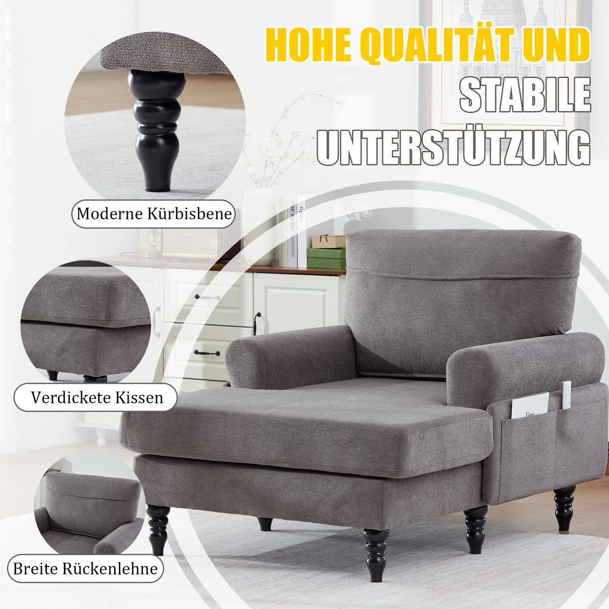 RELAXSESSEL Chenille mit Stauraum loungesesselfür Wohnzimmer Schlafzimmer Grau - Grau, Textil (97/86/125cm) - PARAFTA HOME