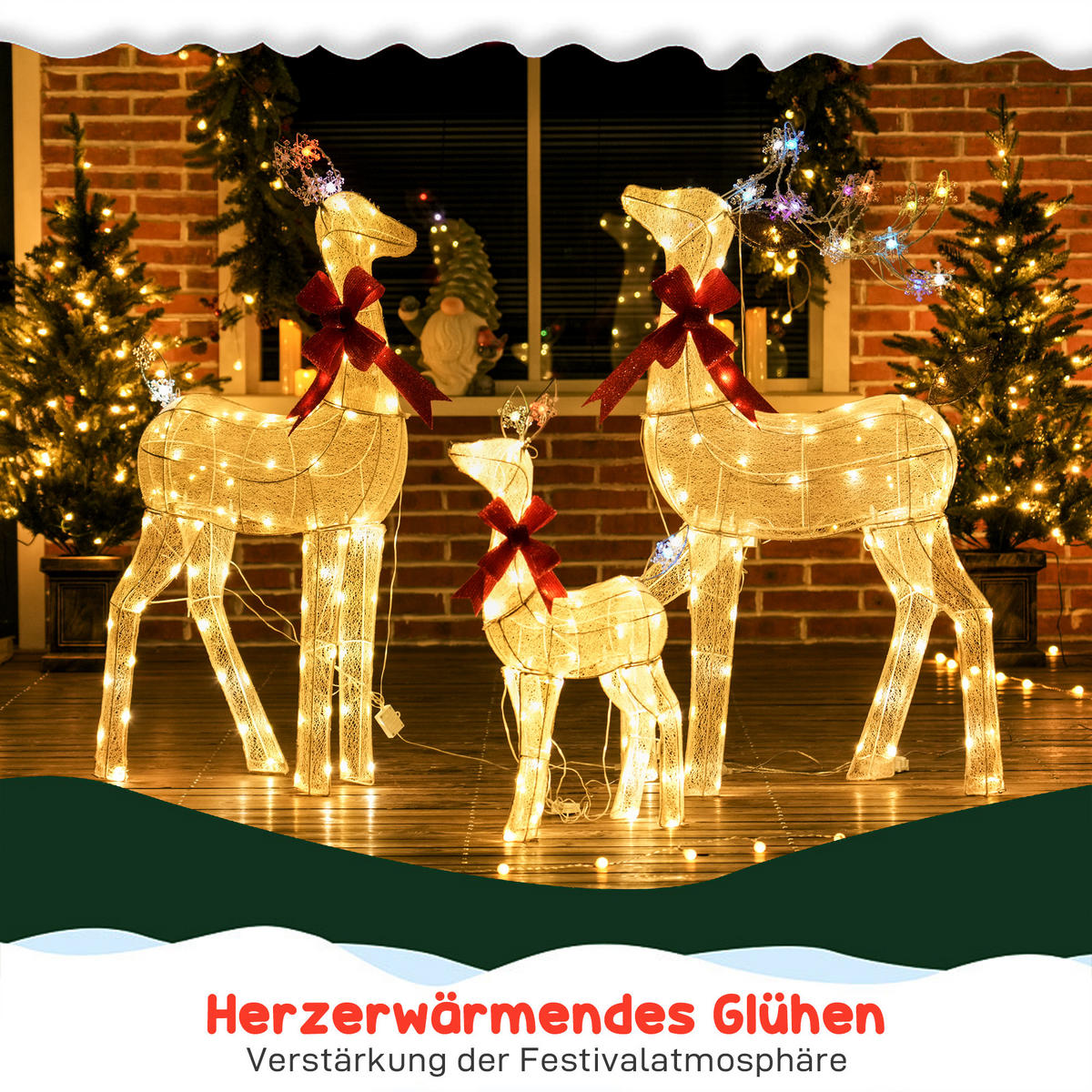 3-TEILIGE Weihnachts-Dekoration, Rentier-Familie mit LED-Beleuchtung, Gelb+Rot - Gelb, Metall (28/129/63cm) - Outsunny