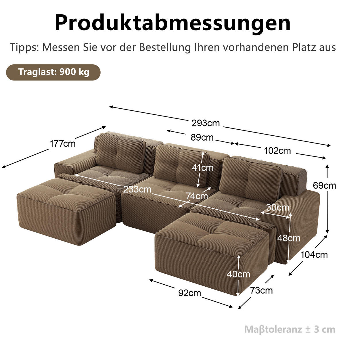 WOHNLANDSCHAFT DE-34113 modular 3-Sitzer mit Ottoman Braun - Braun, Textil (177/69/293cm) - ComfortXL