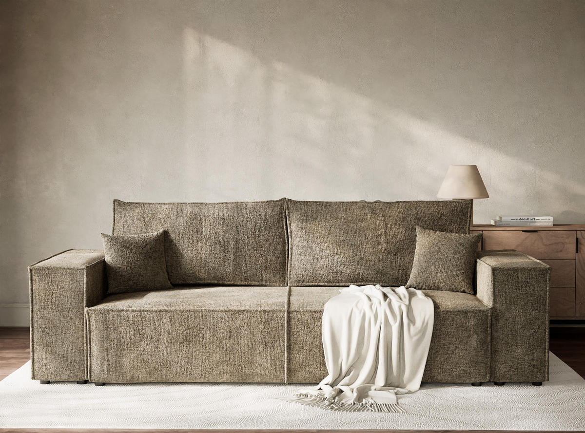 SOFA MIT SCHLAFFUNKTION Milos Taupe Chenille-Stoff - Taupe/Schwarz, Holz/Holzwerkstoff (255/70/105cm) - Maison de Reve