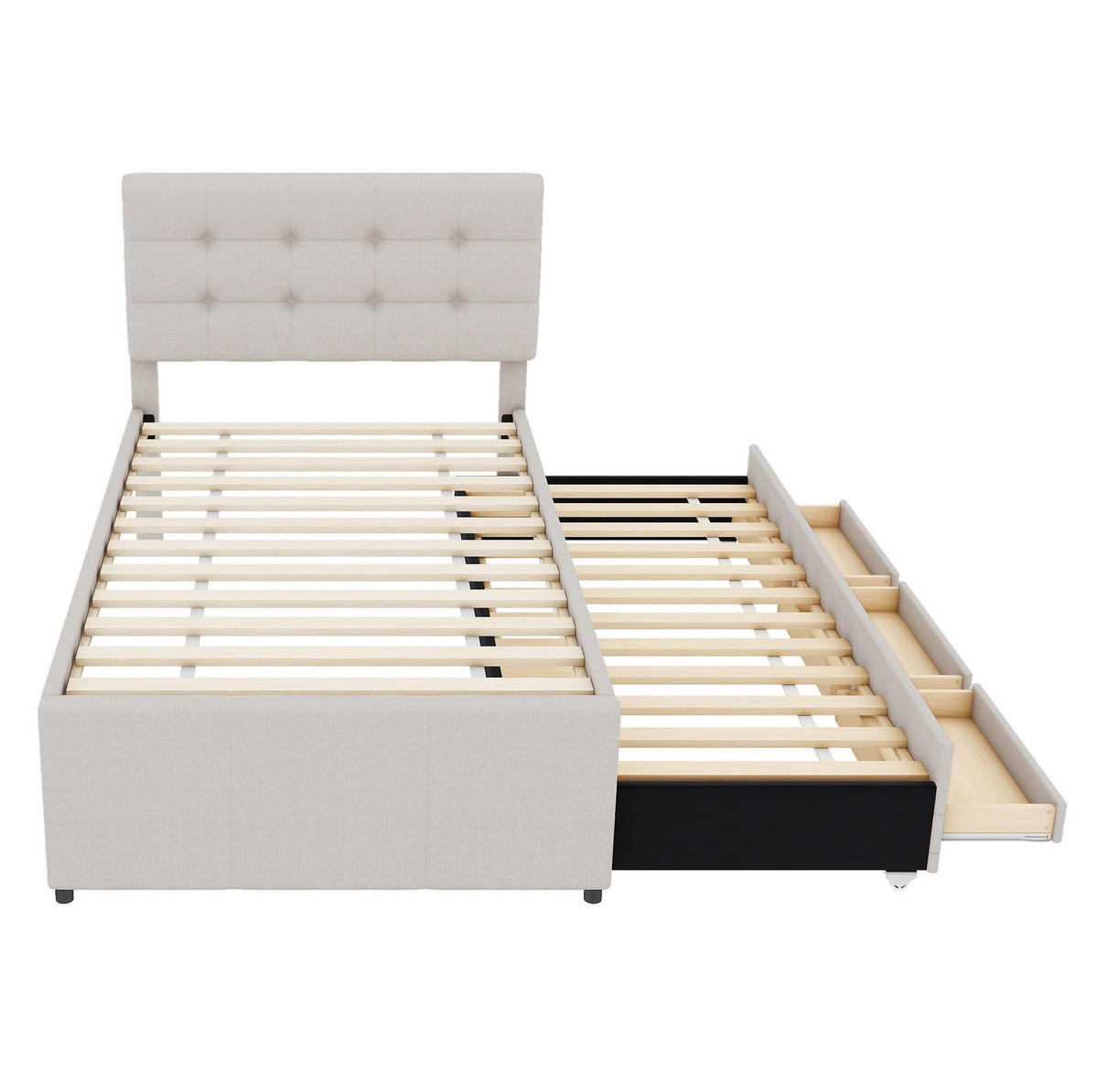 POLSTERBETT 90/200 cm mit Ausziehbett und 3 Schubladen, gepolstertes Kopfteil - Beige, Textil (90/200cm) - BEAOK
