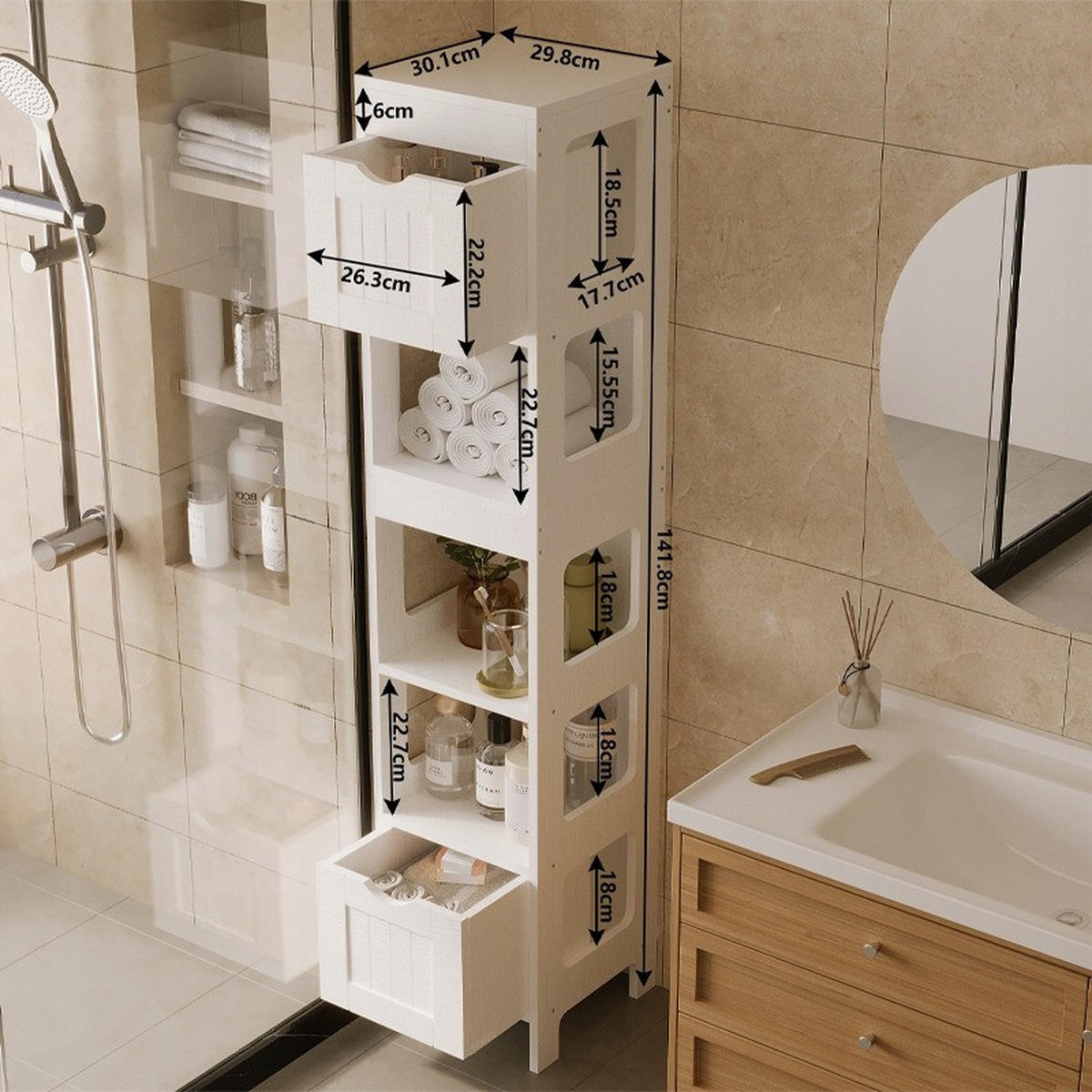 BADEZIMMERSCHRANK, weiß, 30/30/142 cm - Weiß, Holzwerkstoff (30/142/30cm)