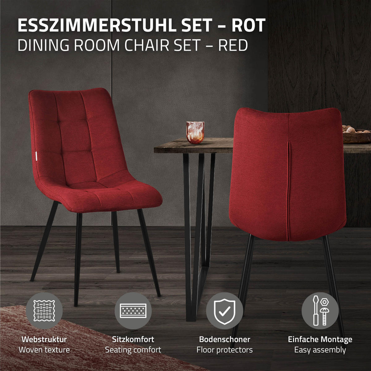 ESSZIMMERSTUHL 6er Set - Rot/Schwarz, Textil/Metall (49/89/60.5cm) - ML-DESIGN