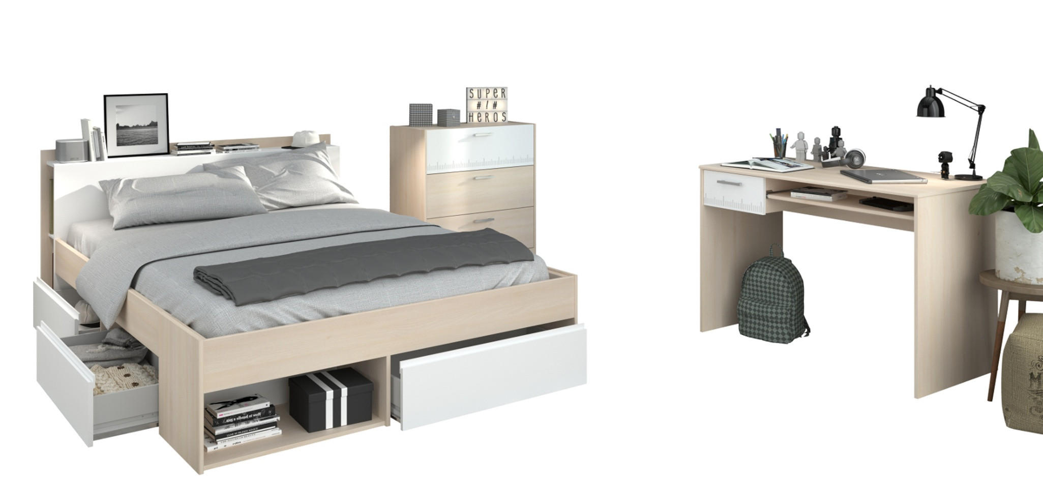 JUGENDZIMMER Akazie, weiß, Komplett-Set mit Stauraumbett 160x200, Schreibtisch, Kommode - Silberfarben/Weiß, Holzwerkstoff/Kunststoff (170/82/220cm) - Parisot Meuble