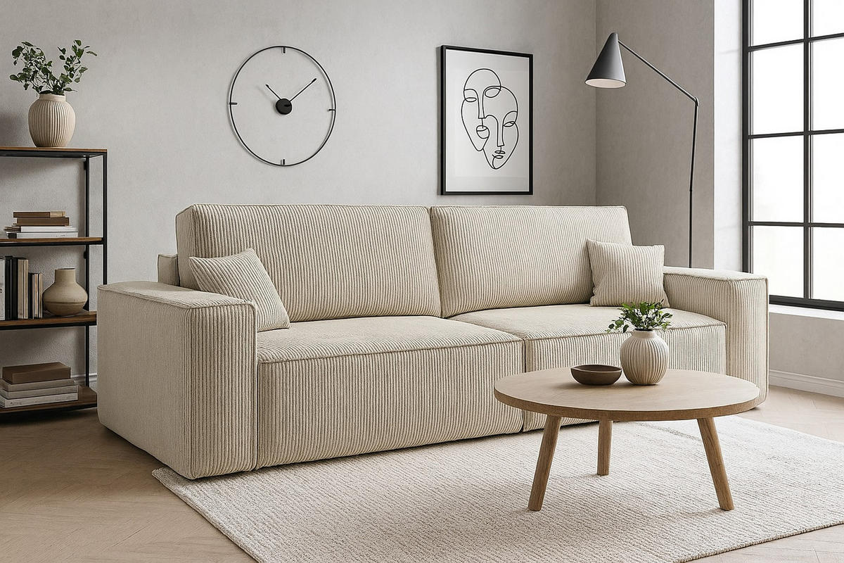 SCHLAFSOFA HUGO, Sofa mit Schlaffunktion und Bettkasten, Farbe: Beige, Cordstoff - Beige, Textil (244/83/98cm) - VENASI MÖBEL
