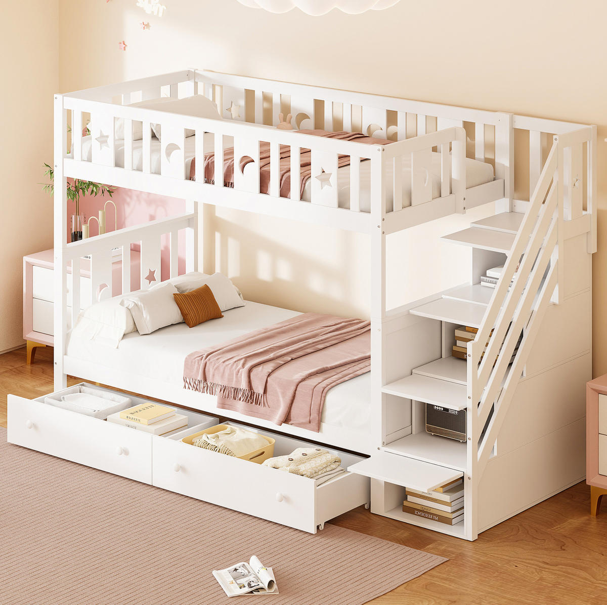 ETAGENBETT 90/200 cm Weiß mit Stauraumtreppe und 2 Schubladen - Weiß, Holz (90/200cm) - Flora Grace