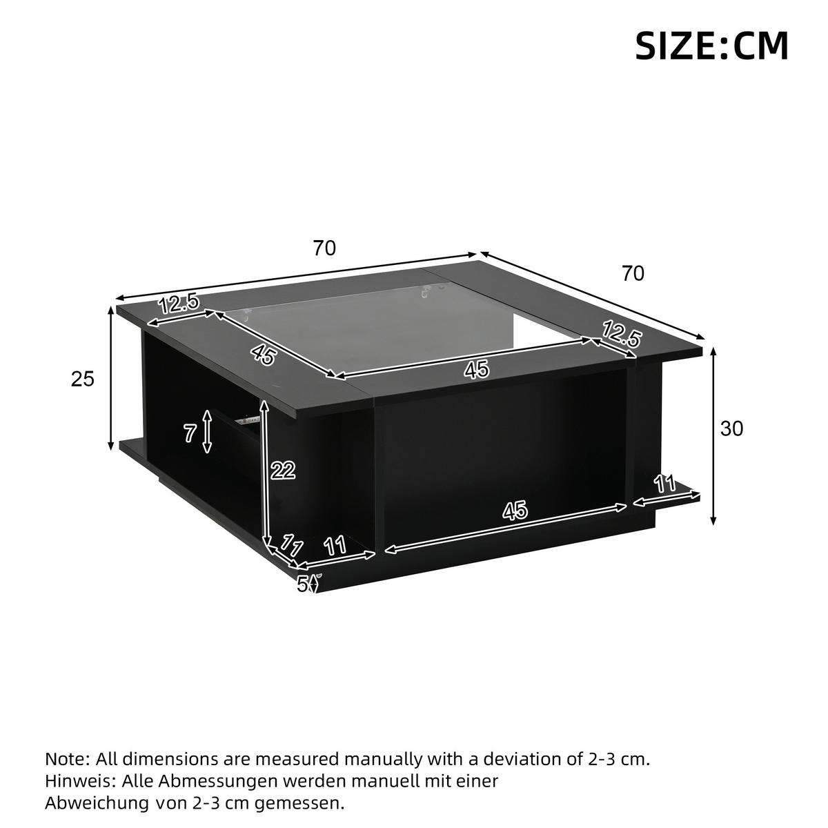 COUCHTISCH in Schwarz mit Glasplatte und LED-Beleuchtung für Wohnzimmer, B70/T70/H30 cm - Schwarz, Glas/Holzwerkstoff (70/70/30cm) - STILVORA
