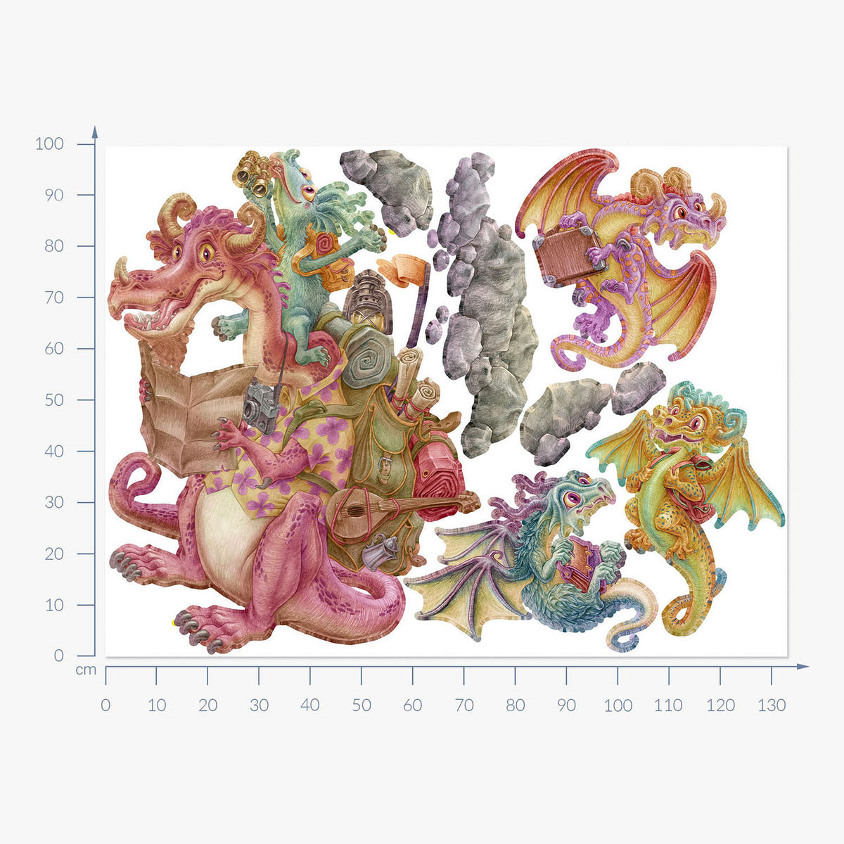 WANDAUFKLEBER 100x134cm - Drachen-Märchenfamilie - Multicolor, Kunststoff (100/134/0.1cm) - Wallfluent