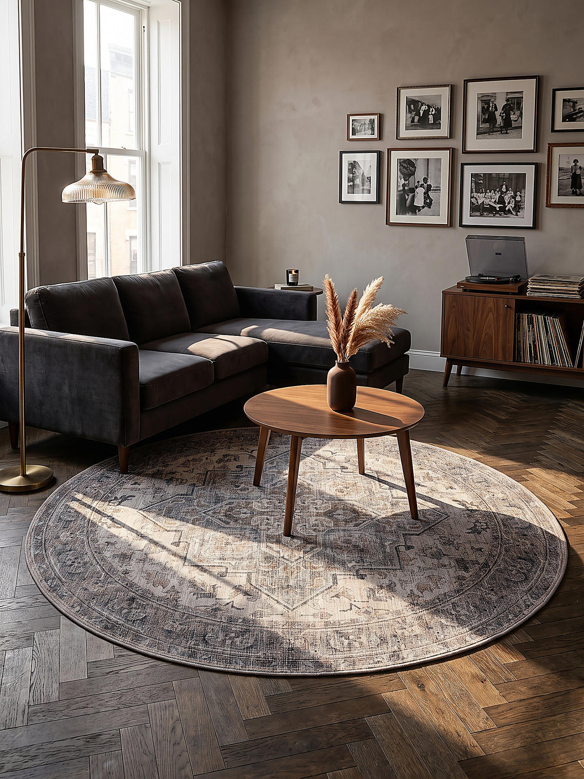 TEPPICH Kurzflor, waschbar, mit Medaillon, VERNANTE in Beige-Grau, Ø 120 cm - Beige, Textil (120/120cm) - KADIMA DESIGN