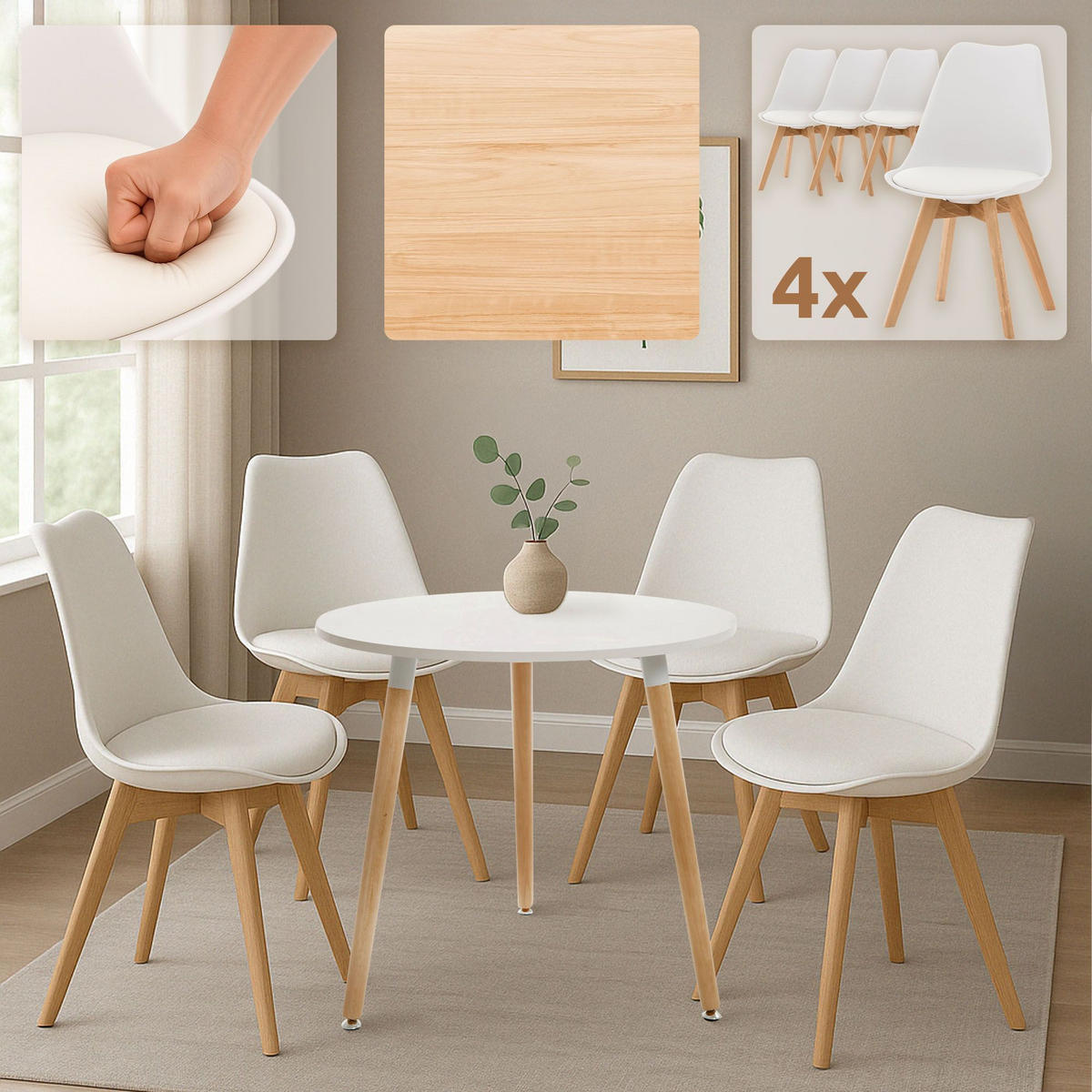 TISCHGRUPPE Holz Weiß (5-teilig) - Weiß, Holz (180/83/180cm) - CLP