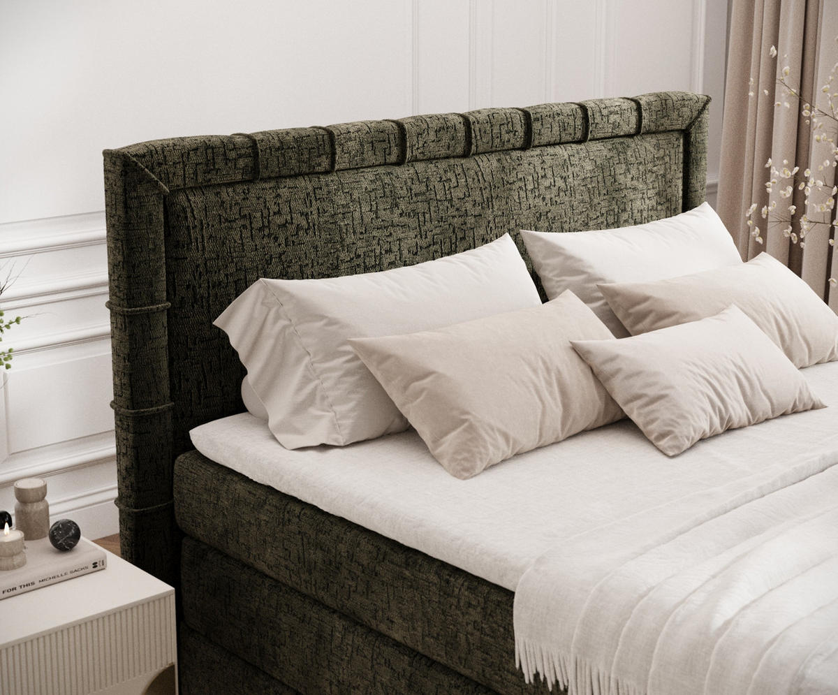 BOXBETT Estelle Olivgrün 200/200 cm im Chenille-Stoff - Schwarz/Olivgrün, Holz/Holzwerkstoff (200/200cm) - Maison de Reve