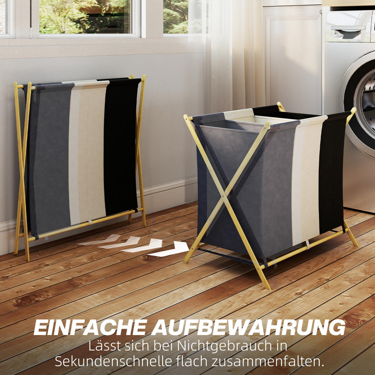 WÄSCHEKORB aus Bambus Leinenstoff Mehrfarbig - Multicolor, Naturmaterialien (48/67/75cm) - HOMCOM