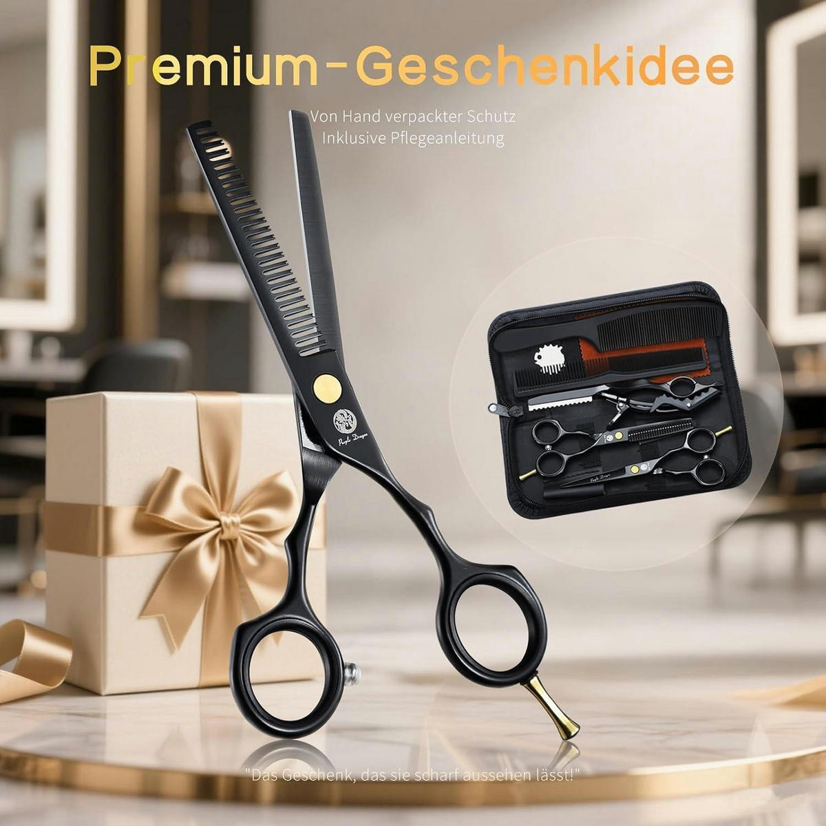 HAARSCHERE Set 14 cm 440C Edelstahl mit Geschenk-Etui - Schwarz, Metall (9.6/3.1/21.7cm)