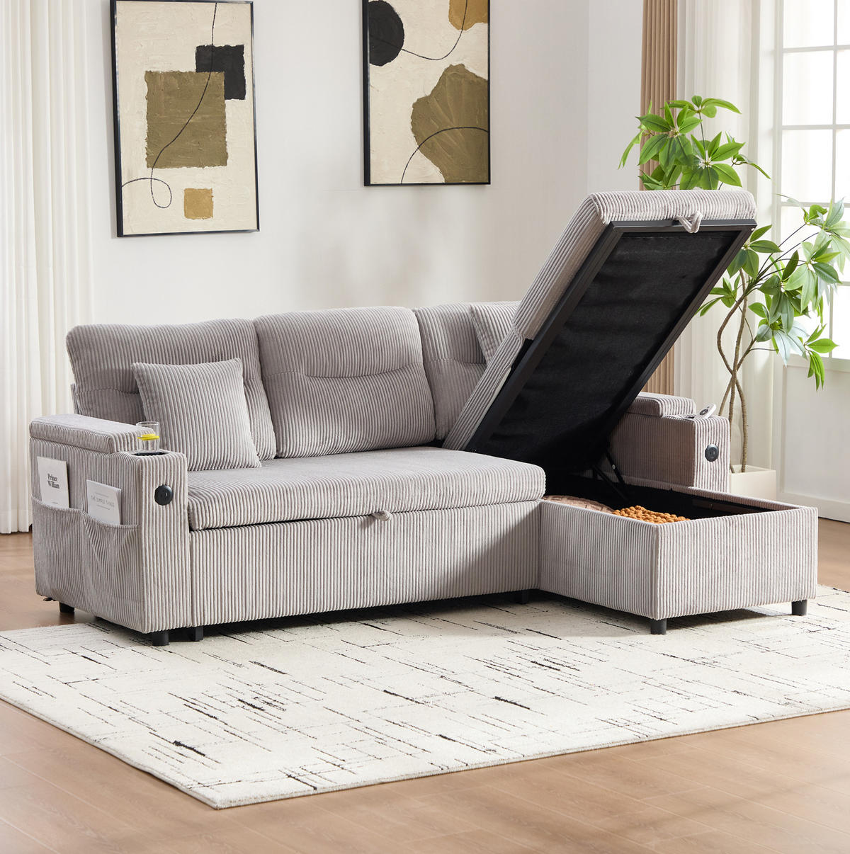 SOFA 212,5/136/86 cm in Hellgrau mit Stauraum, USB- und Type-C-Anschlüssen - Hellgrau, Textil (136/86/212.5cm) - Flora Grace