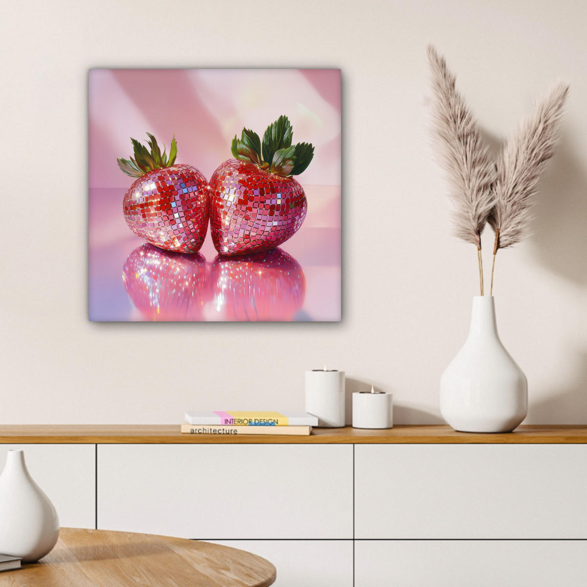 LEINWANDBILD Disco - Obst - Glitzer - Erdbeere 50x50 cm - Pink, Textil (50/50cm) - MuchoWow