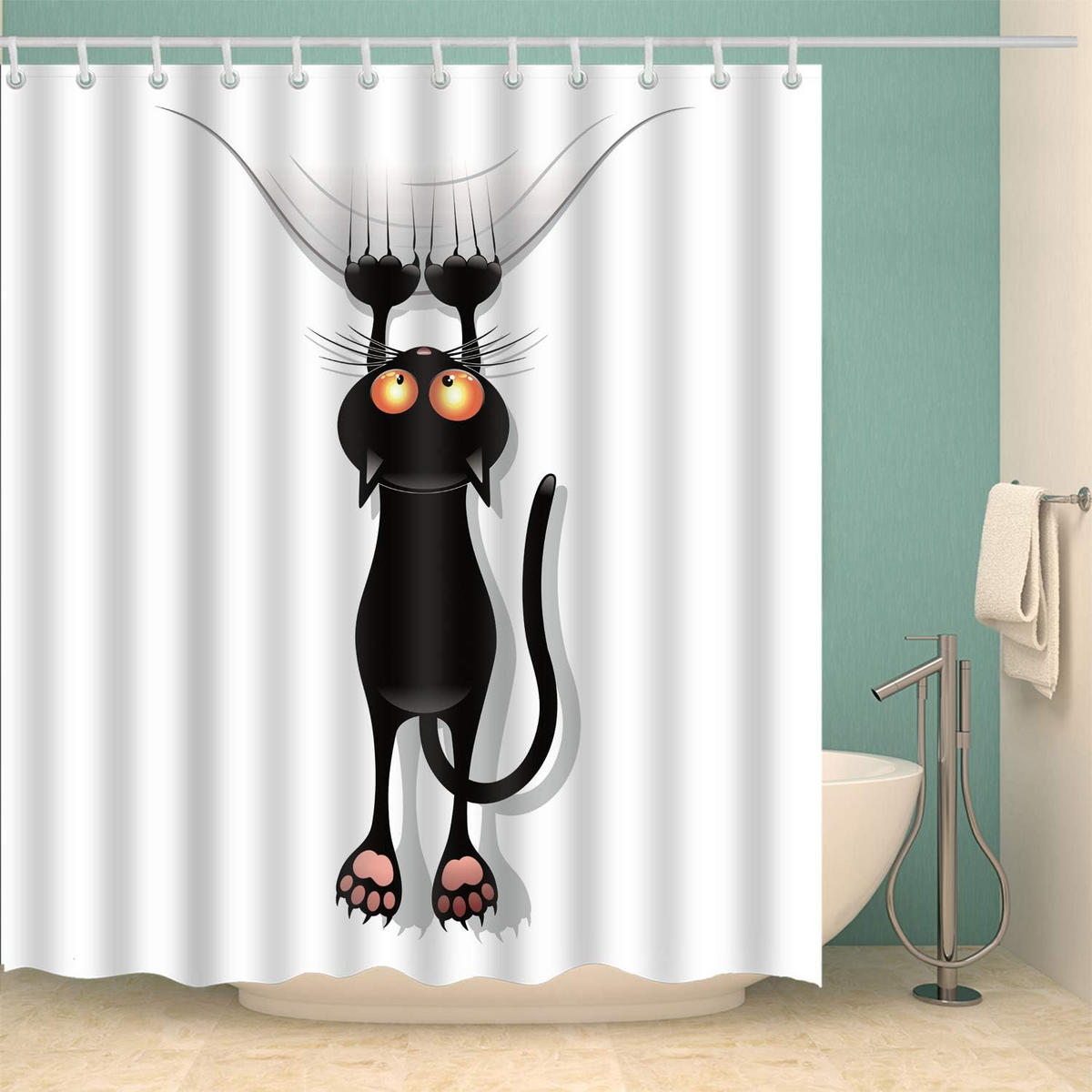 DUSCHVORHANG Schwarz Katze Tier Muster Polyester 180 x 180 cm wasserdicht mit Haken Badezimmer - Weiß, Textil (180/180cm) - MCBOSON