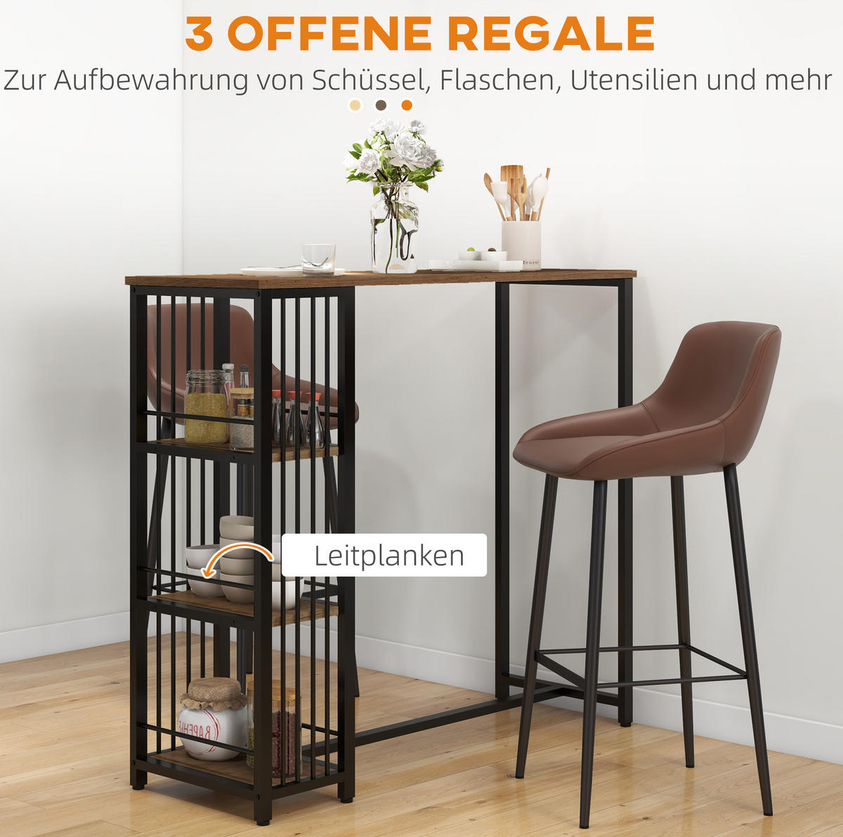 BARTISCH 120/40/105 cm in Braun mit 3 Ablagen im Industrial-Stil - Braun, Holzwerkstoff (40/120/105cm) - BEAOK