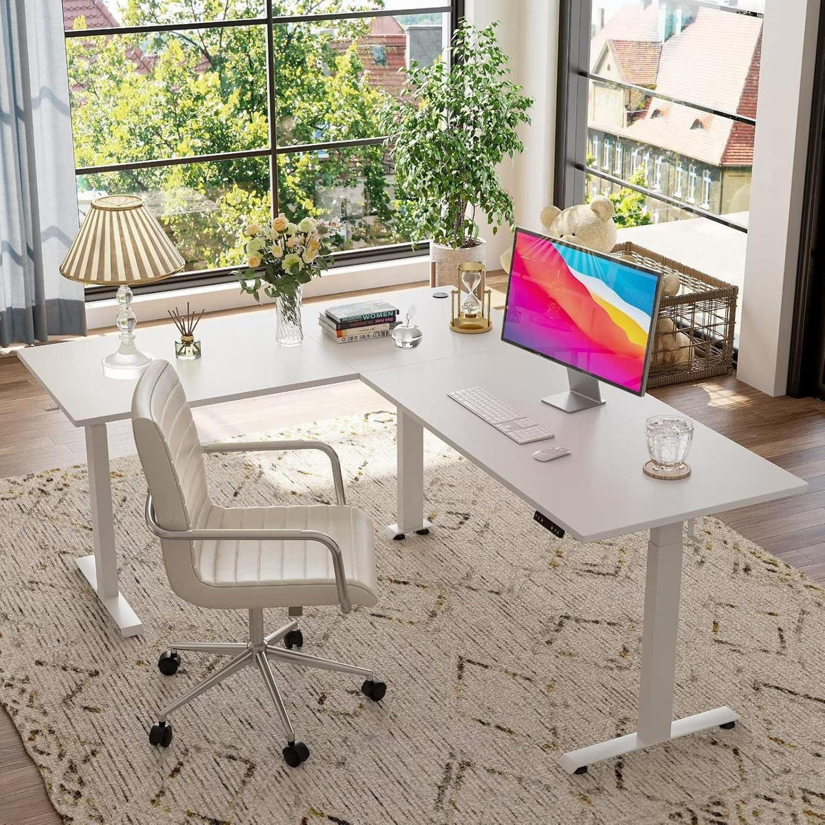 STEHSCHREIBTISCH L-Form Höhenverstellbar Elektrisch 160 x 120 cm Weiß - Weiß, Metall (160/120/75cm)