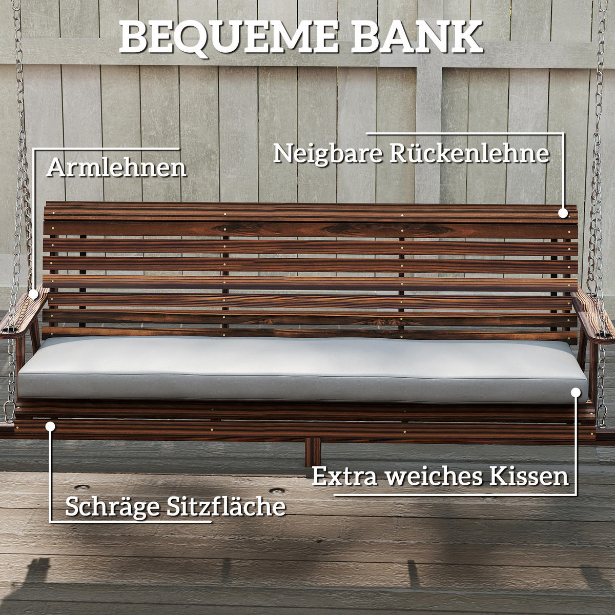 HOLLYWOODSCHAUKEL Tannenholz Verkohlt - Hellgrau/Braun, Holz/Textil (134/170/243cm) - Outsunny