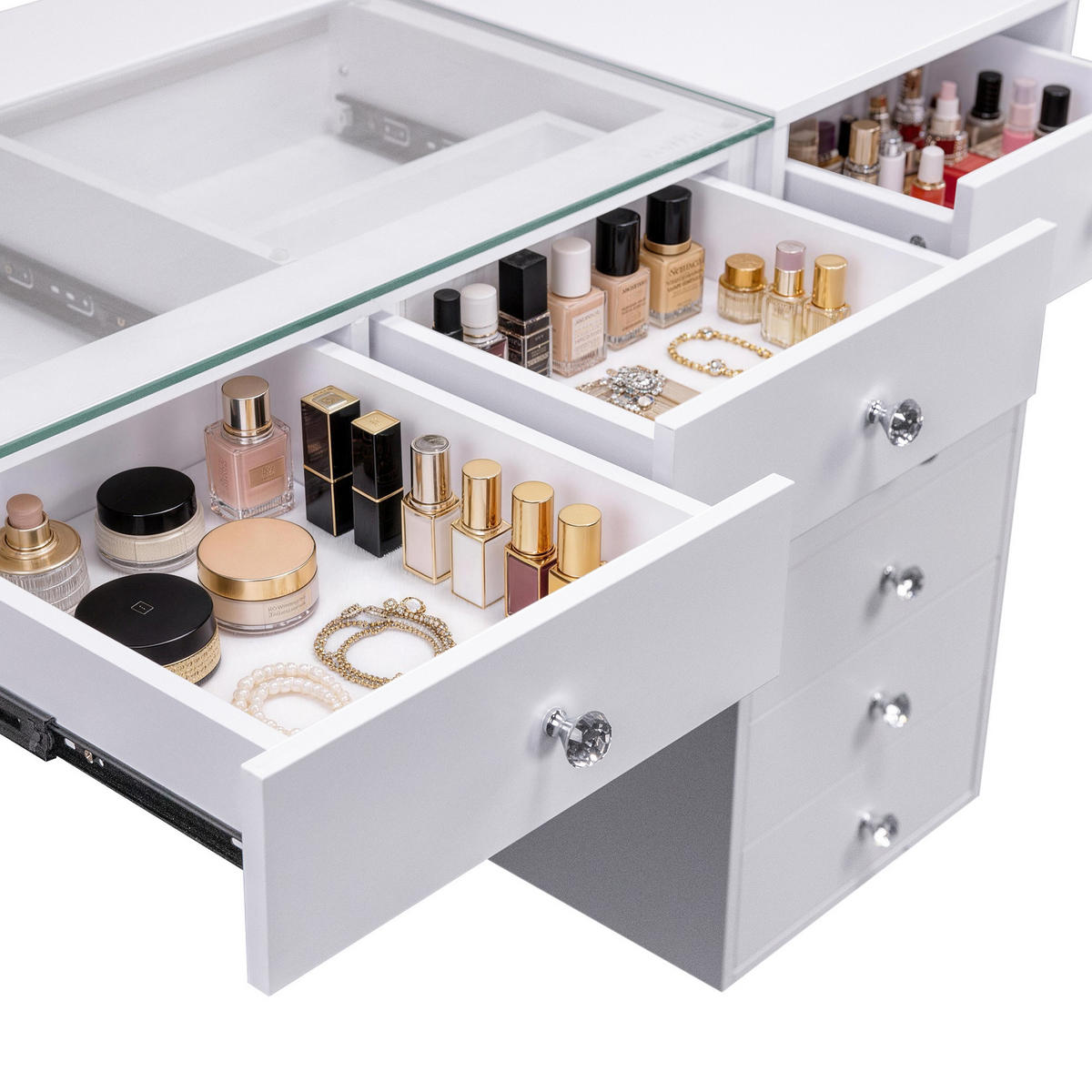 SCHMINKTISCH mit Beleuchtung LED 8 Schubladen Weiβ 120/55/81 CM - Weiß, Glas/Metall (120/81/55cm) - VANITII