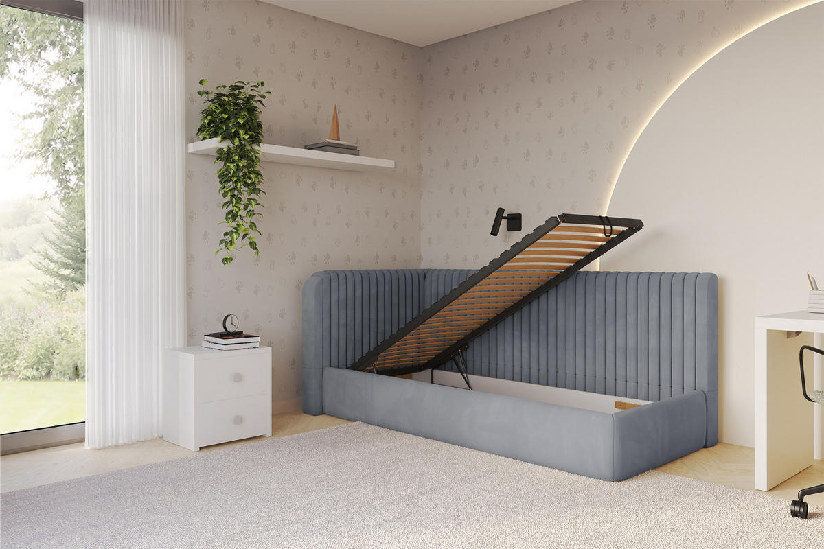 EINZELLBETT Jugendbett mit Bettkasten und Matratze H3/H4, Rechts - AURY 80x200 Grau - Blaugrau, Holzwerkstoff/Textil (80/200cm) - ALTDECOR