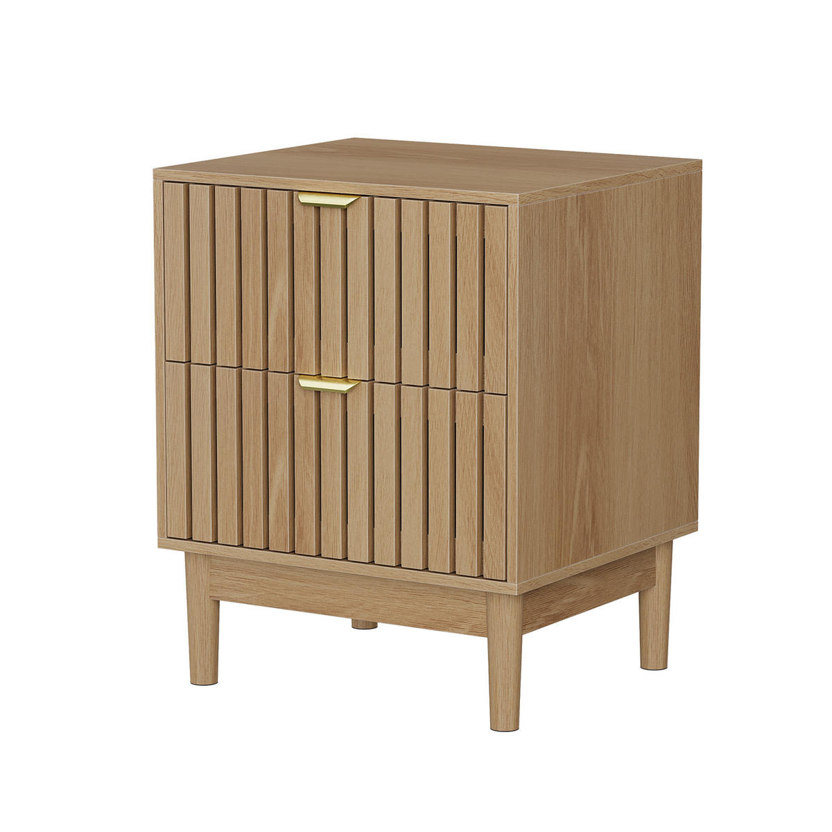 NACHTTISCH eichen-optik & latten-design mit 2 schubladen & goldgriffen - Eichefarben, Holzwerkstoff (45/56.5/39cm) - Urban Meuble