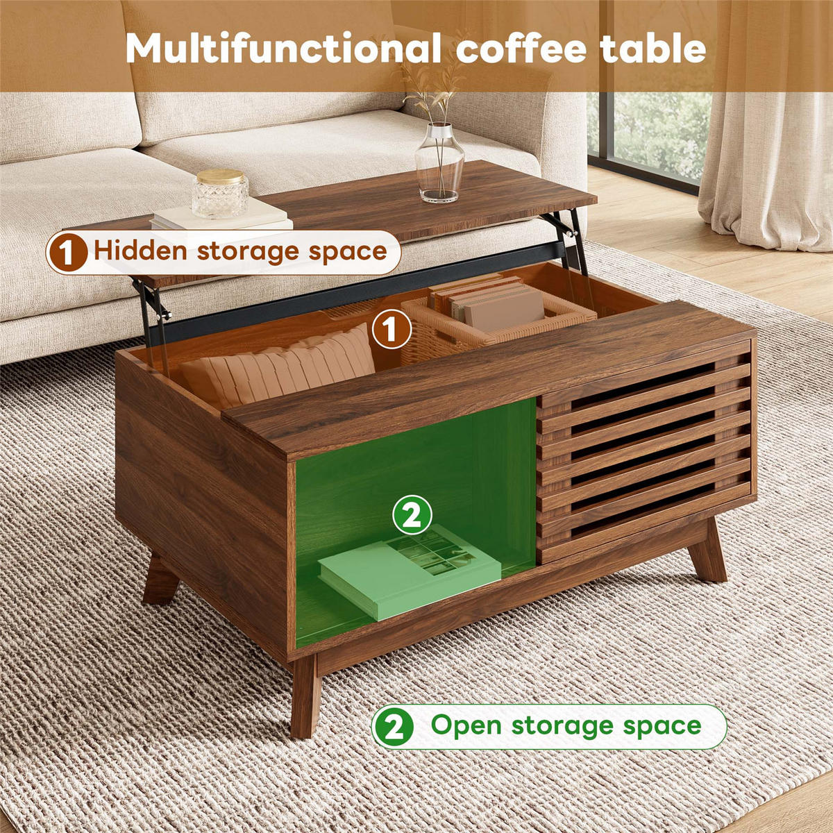 COUCHTISCH höhenverstellbar Jalousietür Walnuss MDF - Braun, Holz (90/55/57.5cm) - Kaket