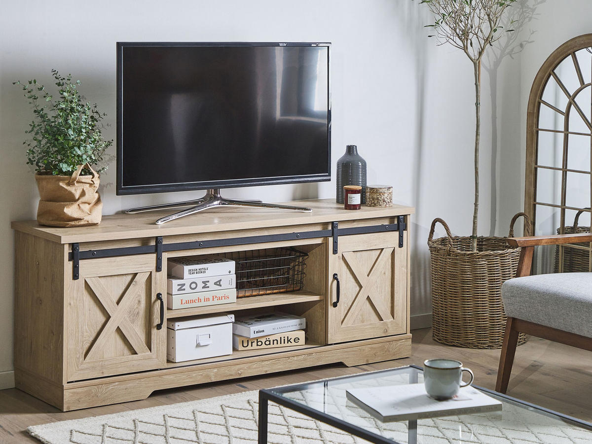 TV-MÖBEL Hellbraun, Schwarz ULAN 40/150/60 cm - Hellbraun, Holzwerkstoff (150/60/40cm) - Beliani