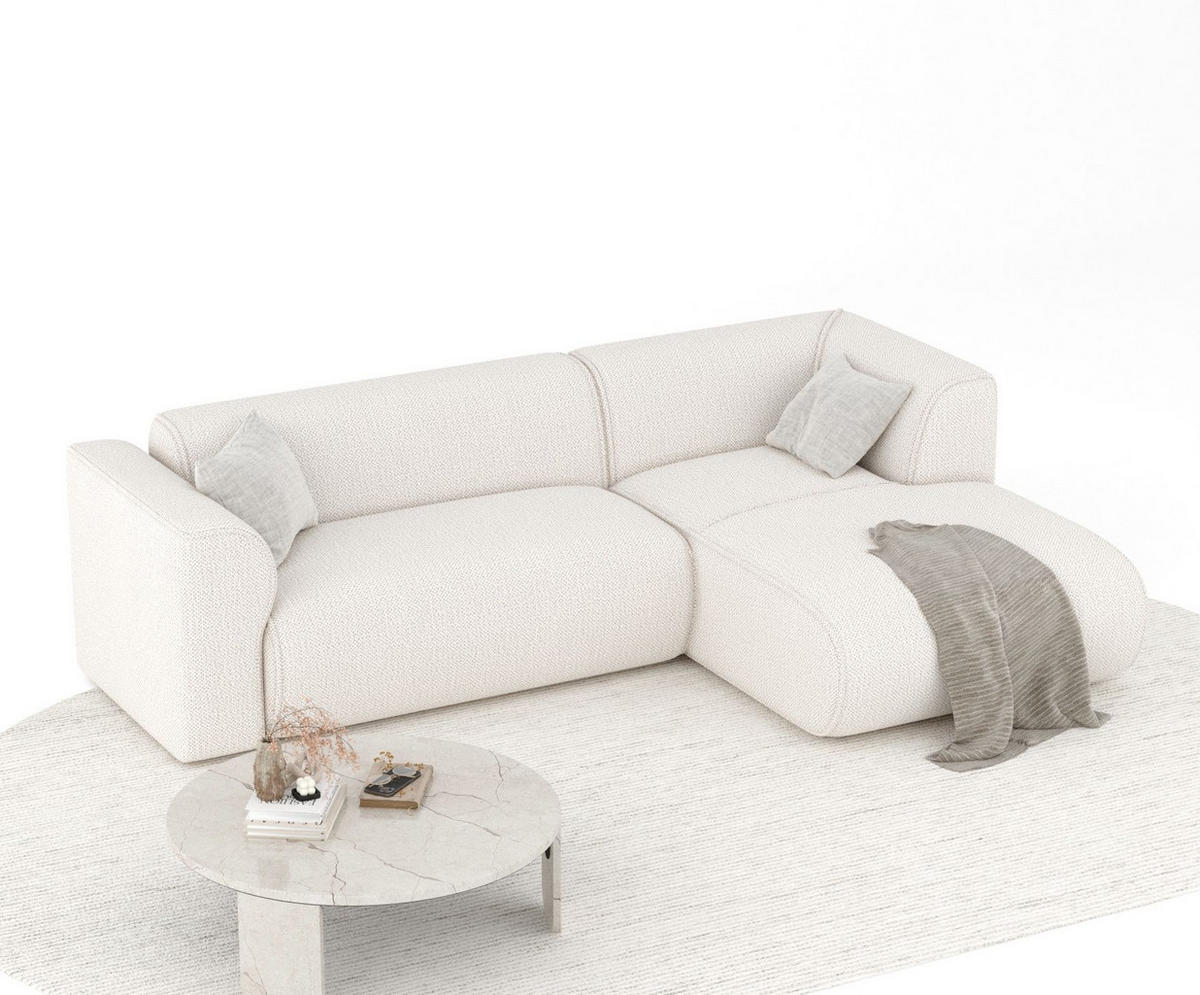 ECKSOFA Melani Creme Chenille-Stoff - Rechts Seite - Creme/Schwarz, Holz/Holzwerkstoff (162/256cm) - Maison de Reve