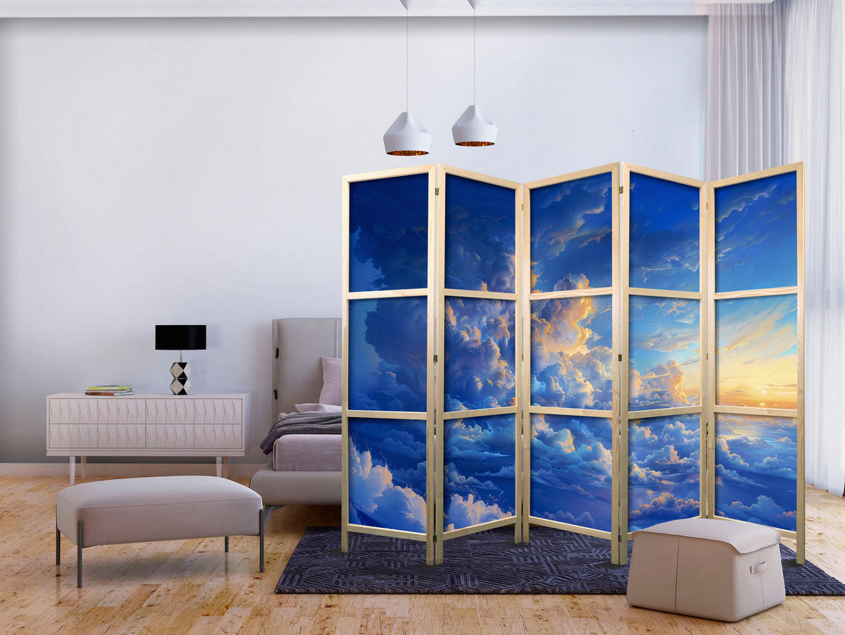 PARAVÁN Japonský 5-dielny 225x172 cm Modré Oblaky - modrá, drevo/textil (225/172/3cm) - Muralo