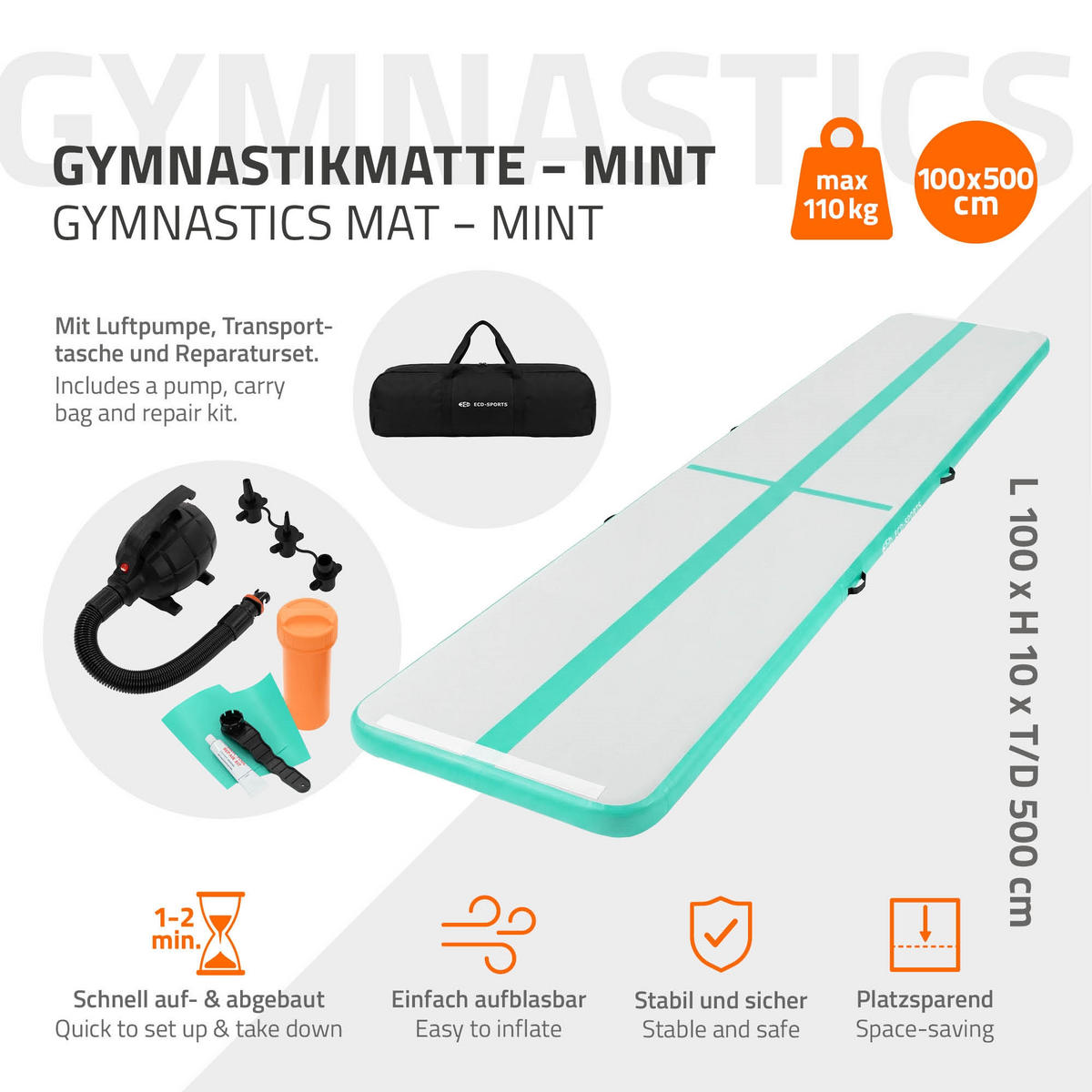 NAFUKOVACÍ gymnastická podložka Airtrack 500 x 100 x 10 cm, mintově zelená - zelená barva, plast (100/500cm) - ECD-Germany