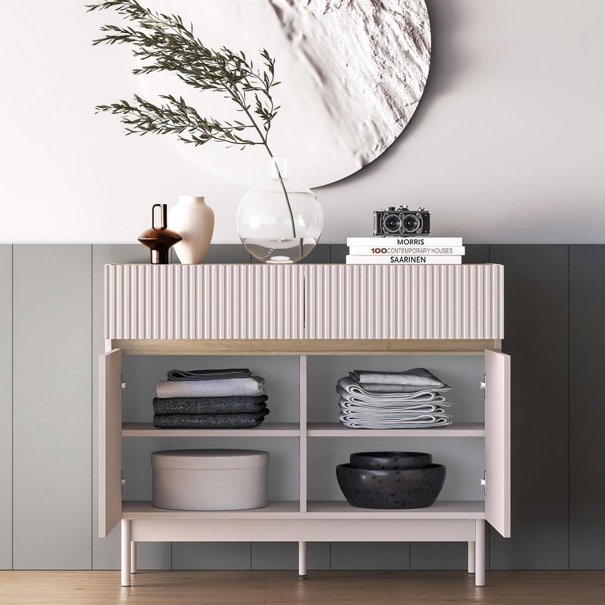 KOMMODE NALIA, Creme/Eiche - Eichefarben/Creme, Holzwerkstoff/Metall (104/85/40cm) - KONSIMO®